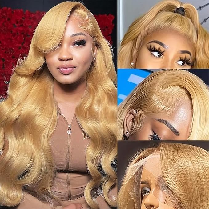 Honey Blonde Body Wave Lace Front Wig Human Hair 13x4 Colored #27 Human Hair Lace Front Wigs 22??Curly HD Transparent Lace Frontal Wigs Pre Plucked Bleached Knots 180% Density Glueless Human Hair Wig