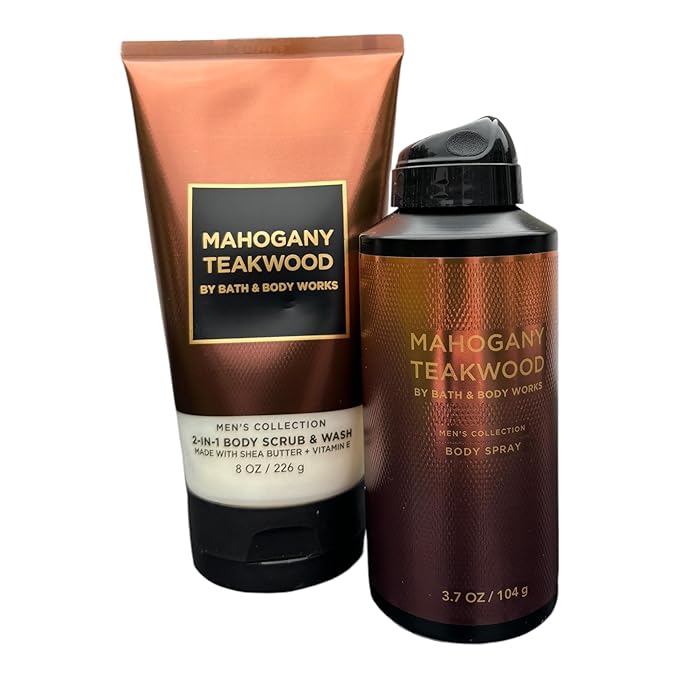 Men's Collection MAHOGANY TEAKWOOD 2-Piece Mens Gift Set 2-In-1 Body Scrub Wash &amp Body Spray Cologne Mist For Bath and Body