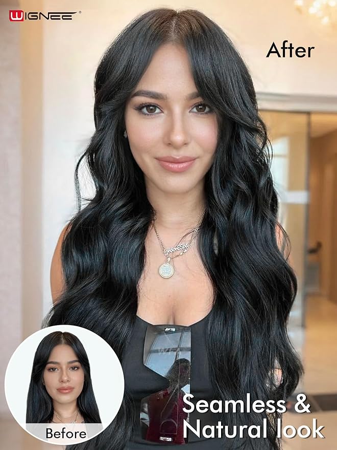 WIGNEE OVO Invisible Human Hair Extensions 100% Real Remy Human Hair Weft Black Hair Extensions Human Hair 2 PCS 12 Inch No Glue Genius Weft Micro Bead Real Human Hair Extensions for women(1B)