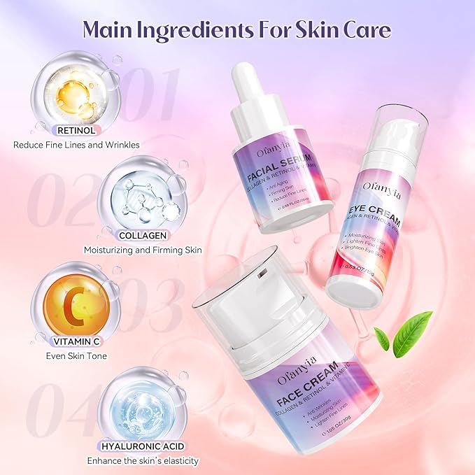 Ofanyia Collagen Retinol Skincare Set 6 Pcs Anti-Aging Skin Care Set with Hydrating Cleanser Eye Cream Toner Cream &amp Lip Mask Facial Kit for Women Christmas Valentines Birthday Gift for Her