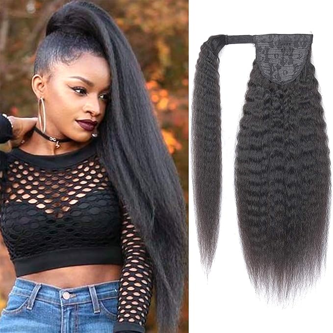 12 Inch Afro Kinky Straight Wrap Around Human Hair Ponytai Wrap Around Ponytail with Clips Soft and Bouncy Magic Yaki Kinky Straight Magic Paste Ponytail Virgin Remy Human Hair Extension