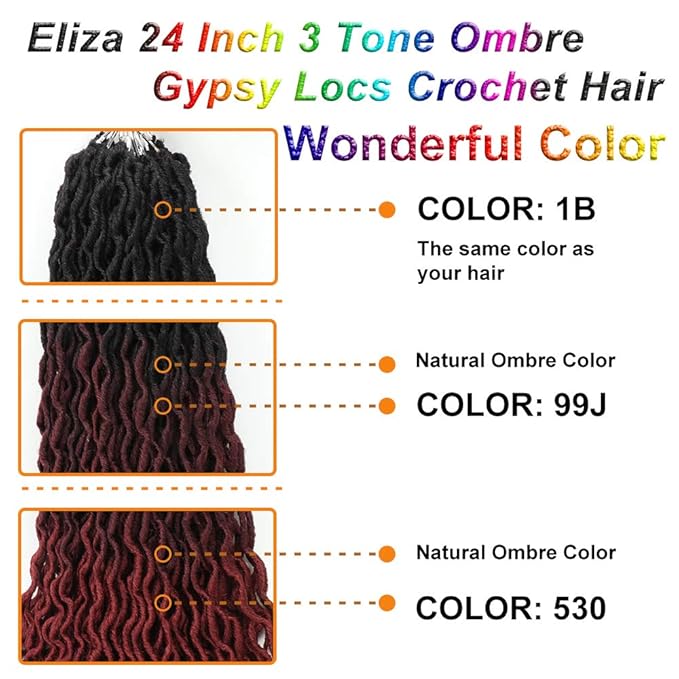 Eliza 24 Inch Wavy Gypsy Locs Ombre Crochet Hair 7 Packs Goddess Locs Faux Locs Crochet hair African Roots Dreadlocs Synthetic Braiding Hair Extensions for Black Women(247PacksOM3T99J530)