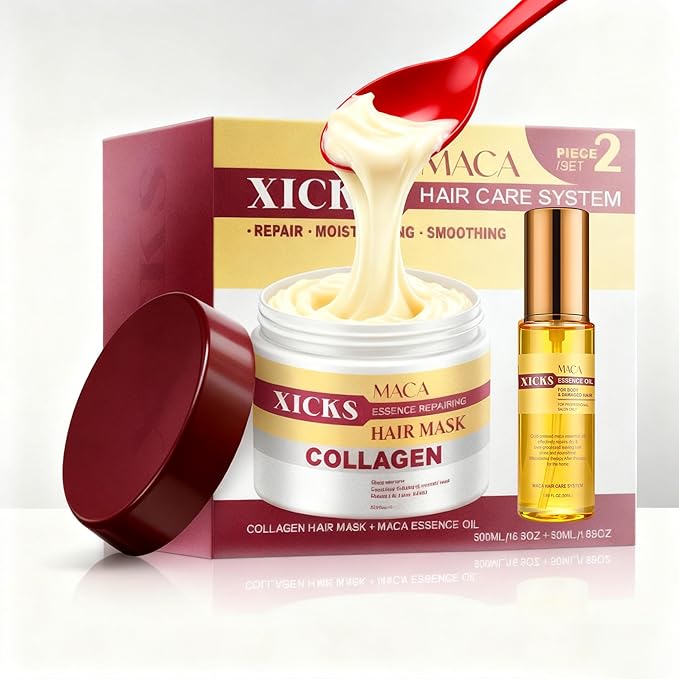 Maca Collagen Essence Deep Repair Hair Mask + Maca Essence Oil SetNourishing Moisturizing Repair for Damaged Hair Professional Hair &amp Body Care with Argan Oil for All Hair Types(16.9 oz + 1.69 o