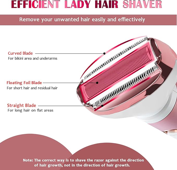 Electric Lady Shaver 4-in-1 Shaving Kit for Women Bikini Trimmer Facial Hair Remover Eyebrow Trimmer Nose Hair Trimmer Rechargeable Wet &amp Dry Use Easy Cleansing (Rosegold)