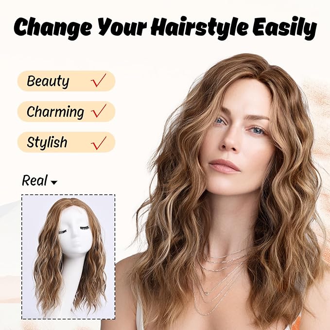 Medium Length Light Brown with Hightlight Wavy Wigs for Women 18 Inch Middle Part Wavy Brown Wig Natural Looking Synthetic Heat Resistant Fiber Wig for Daily Party Halloween (18 inch)