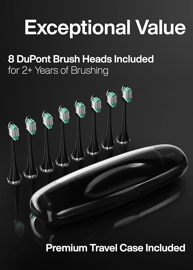 Aquasonic Black Series Ultra Whitening Toothbrush ? ADA Accepted Electric Toothbrush- 8 Brush Heads &amp Travel Case ? 40000 VPM Electric Motor &amp Wireless Charging - 4 Modes w Smart Timer