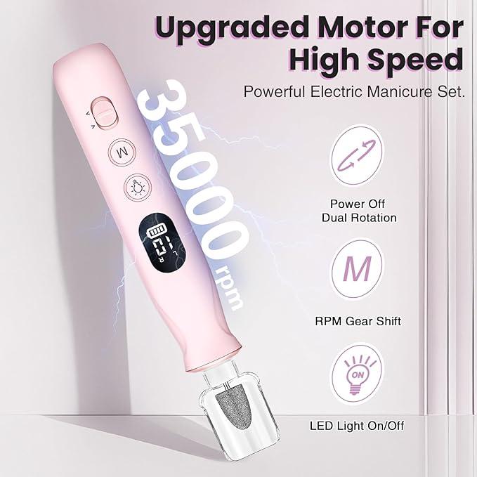 Electric Nail Drill Cordless 2000 mAh Rechargeable Portable Nail File 12 in 1 Kit for Thick Toenails 10 Speeds Nail Dril Machine Professional Manicure Pedicure for Hand Natural Nails Care (Pink)