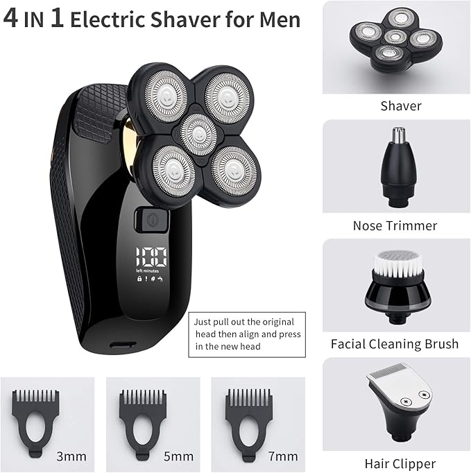 4 in 1 Electric Head Shaver Set - Bald Shaver Wet &amp Dry Cordless with Nose &amp Ear Trimmer Facial Cleansing Rechargeable IPX6 Waterproof