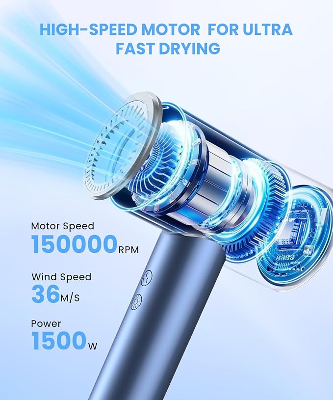 Hair Dryer Ionic Blow Dryer Professional High-Speed Hairdryer with 150000 RPM Motor for Fast Drying 5 Temps/3 Speeds Lightweight Hairdryer with Magnetic Nozzle for Home Travel Women Man