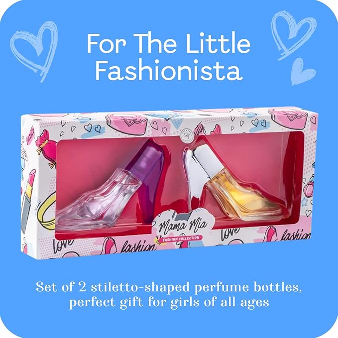Mama Mia Girls Perfume Gift Set ? 2 Stiletto-Shaped Body Spray Perfumes | Fruity &amp Fresh Scents for Tween &amp Teen Girls (Ages 10-14) | Gift-Ready Fashion Collection Body Mist for Kids &amp Tee