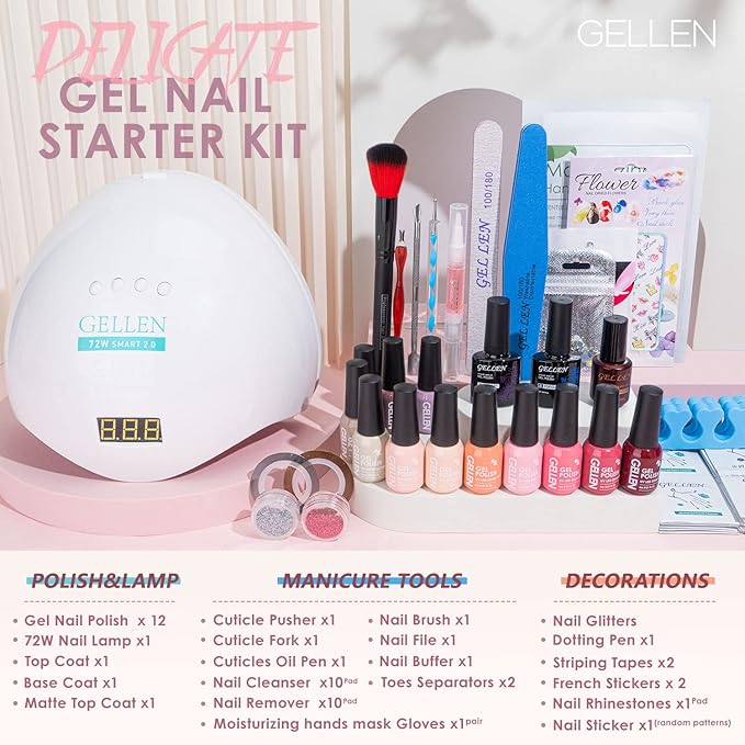 Gellen Gel Nail Polish Kit with U V LED Light 72W Nail Dryer 12 Trendy Colors Nail Gel Polish No Wipe Top Base Coat Nail Art Decorations Manicure Tools All-In-One Manicure Kit Bright and Pastels