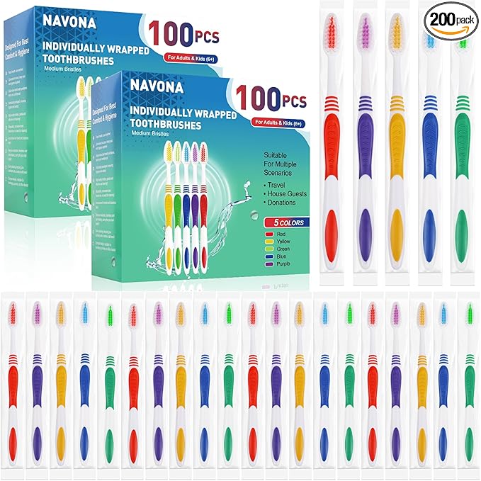 Navona 200 PCS Premium Individually Wrapped Bulk Toothbrush Pack Disposable Toothbrushes Kids Toothbrush Medium Soft Bristle Toothbrushes Ergonomics Handle Perfect for Travel Hotel Donation