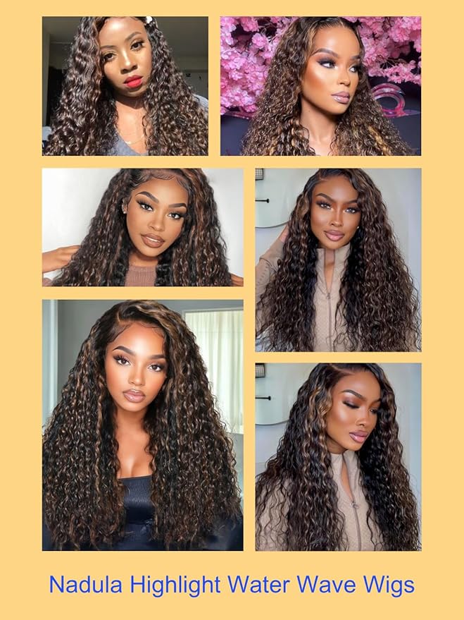 Nadula Golden Brown Highlight Water Wave Bye Bye Knots Glueless Wig Pre Cut 7X5 Invisible Knots HD Lace Front Wigs Human Hair Pre Plucked Wet and Wavy Ready to Go Wig 150% Density 16inch