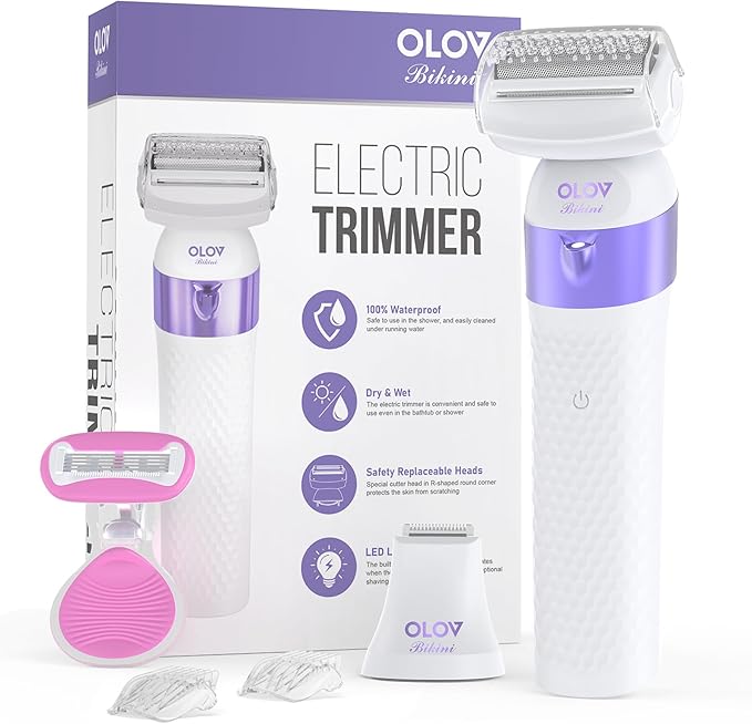 Bikini Trimmer for Women IPX7 Waterproof Wet &amp Dry Electric Razors for Women Bikini Legs Underarm Pubic Hairs Rechargeable Electric Shaver with 2 Trimmer Heads and Travel Razors