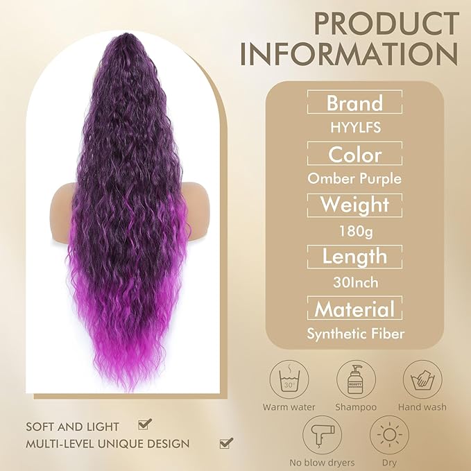Claw Clip in Ponytail Extension 30 Inch Long Wave Curly Pony Tail Hair Extensions for Women fluffy Natural Looking Synthetic Hairpiece for Daily Use(Omber Purple 30Inch)