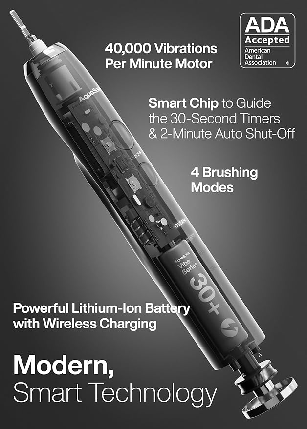 Aquasonic Vibe Series Ultra-Whitening Toothbrush ? ADA Accepted Electric Toothbrush - 8 Brush Heads &amp Travel Case ? 40000 VPM Motor &amp Wireless Charging - 4 Modes w Smart Timer ? Charcoal Meta