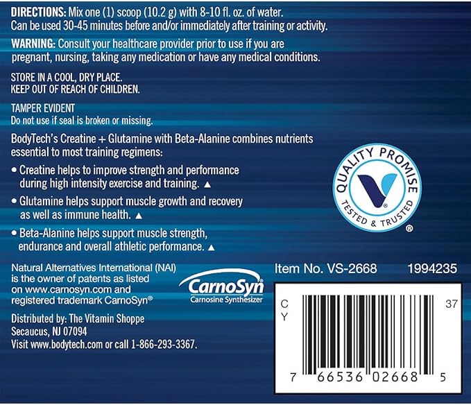 BODYTECH Creatine + Glutamine with Beta-Alanine - Advanced Performance Formula - Supports Strength Recovery &amp Endurance (10.8 oz 30 Servings)
