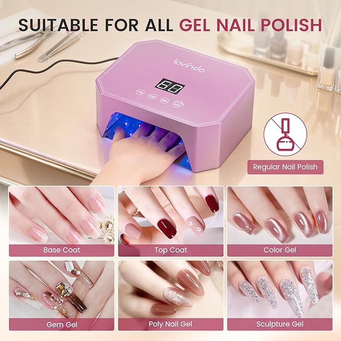 Lavinda 54W UV LED Nail Lamp ? Plug-in Gel Nail Light with LCD Display 4 Timers Auto Sensor Dual Wavelength Nail Dryer for Home &amp Salon Pink