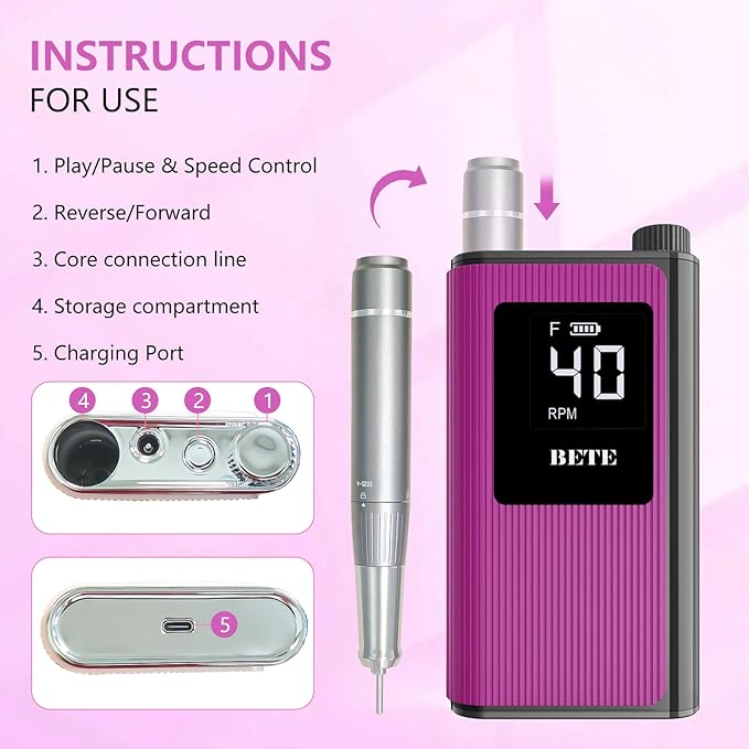 BETE Professional Nail Drill 40000 RPM Cordless Electric Nail File Kit with 6 Bits Rechargeable Efile for Acrylic Gel Nails Polishing Manicure Tools for Salon Home Use Rose Red