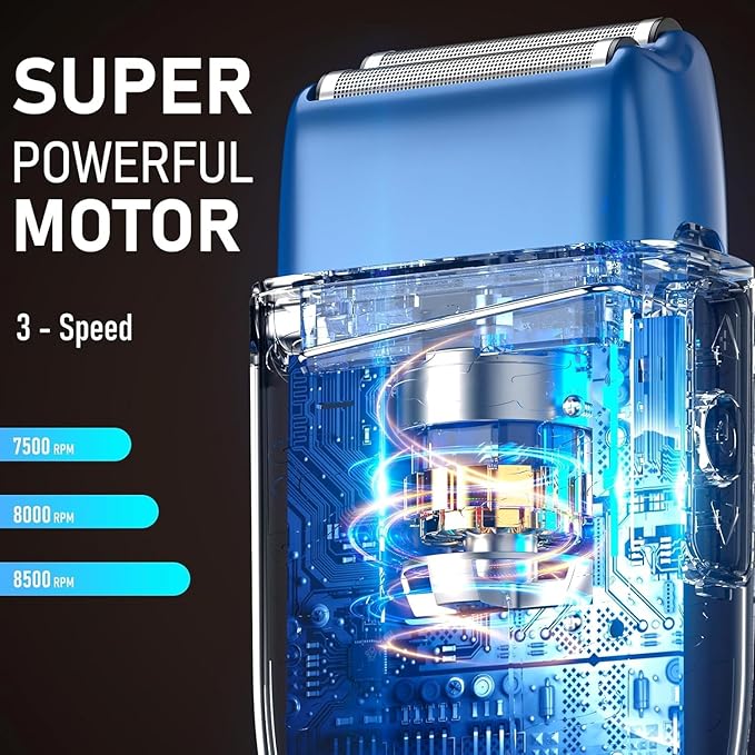 Electric Razor for Men Electric Shaver for Men Upgraded Foil Shaver with 3 Adjustable Speeds Type-C Rechargeable Close Shave Beard Trimmer IPX7 Waterproof Wet/Dry Travel Lock (Blue)