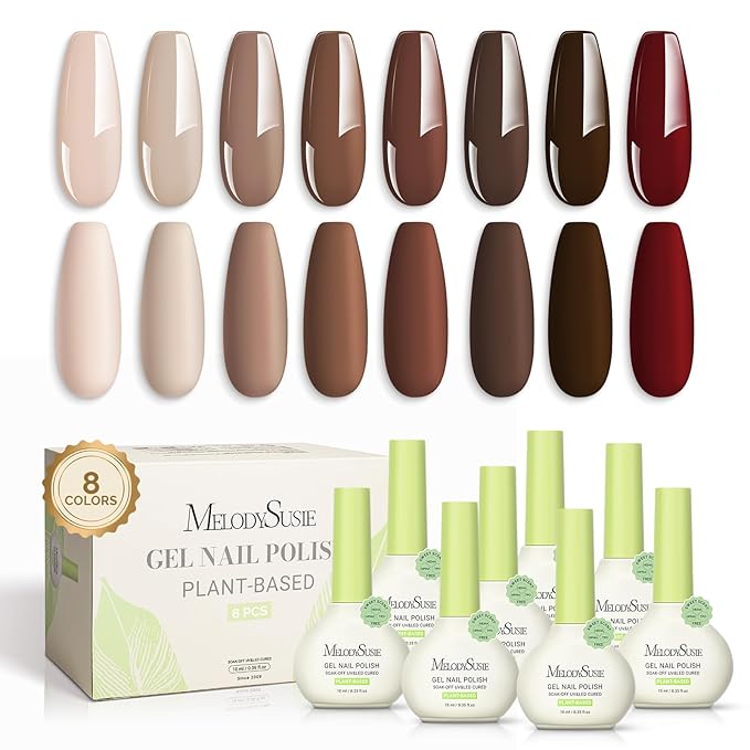 MelodySusie Plant Based Gel Nail Polish SetAutumn and Winter Dark ColorsHema FreeSoak Off UV LED Gel Polish Nail Art Manicure Salon DIY at Home 8Pcs 10ml/0.34 fl oz