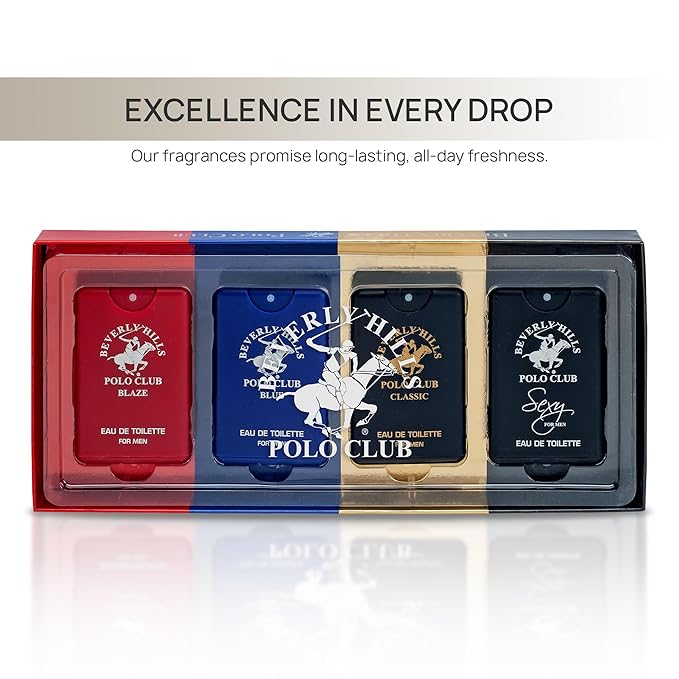 Beverly Hills Polo Club MENS 4PC 20ML POCKET SPRAY - ORIGINAL STRIPED - CONTAINS BLAZE/CLASSIC/BLUE/SEXY