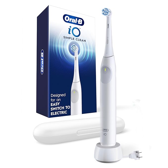 Oral-B iO Simple Clean Rechargeable Electric Powered Toothbrush Pure White with 1 Gentle Care Brush Head and 1 White Travel Case - Automatic Pressure Sensor to Protect Gums - 3 Modes -2 Min Timer