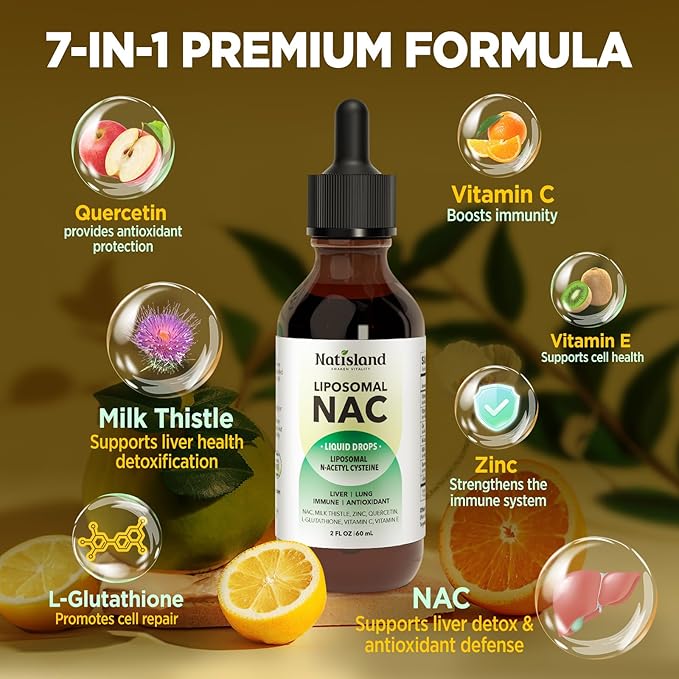 Liposomal Liquid NAC Drops NAC Supplement N-Acetyl Cysteine NAC 600 mg with Milk Thistle &amp Quercetin for Adults &amp Kids Liver &amp Lung Support Immune &amp Antioxidant Skin &amp Cellula