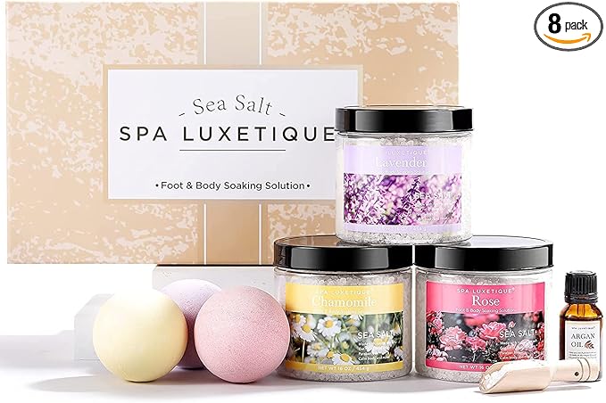 spa luxetique Bath Salts 8pcs Bath Salts Gift Set with Argan Oil Bath Bombs Wooden Scoop Epsom Salt for Soaking in Lavender Rose Chamomile Scent Mother's Day Gifts