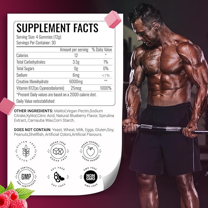 Creatine Monohydrate Gummies 6g for Men WomenComplex Creatine Monohydrate Chewable for Muscle StrengthMuscle BuildingEnergy BoostPre-Workout Energy SupplementVegan Raspberry - 120 Count