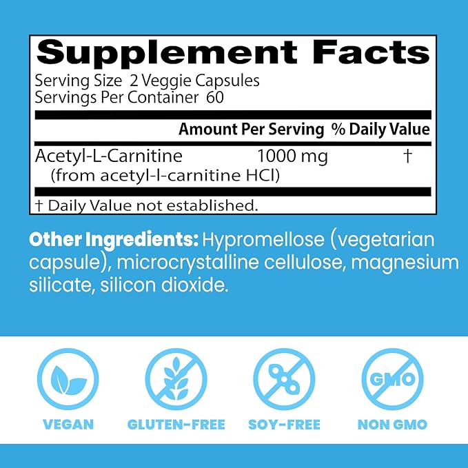 Doctors Best Acetyl-L-Carnitine Supports Mental Focus &amp Alertness Non-GMO Gluten Free Soy Free Vegan 120 Veggie Caps