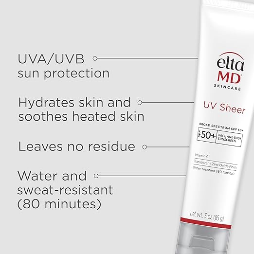 EltaMD UV Sheer Face Sunscreen SPF 50+ No White Cast Sunscreen for Face and Body Zinc Oxide Sunscreen Formula