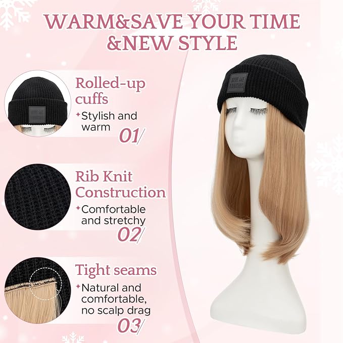 SEGO Beanie Wig for Women Hat with Hair Extentions Synthetic 11 Inch Straight Hairpiece Winter Warm Knitted Hat with Hair Attached for Women Girls 018