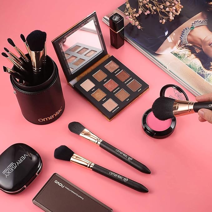 OMANIAC Makeup Brush Set Professional 12 Pearlescent Wood Handle Makeup Brushes Premium Cruelty-Free Synthetic Fiber Hair Travel Make up Brushes Set with Case (Black).