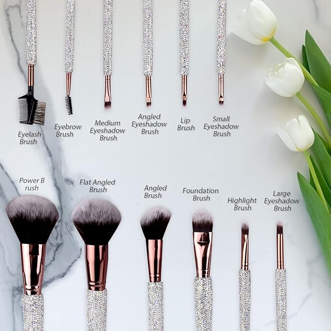 Makeup Brushes Bling Crystal Professional Face Cosmetics Blending Liquid Foundation Powder Concealer Eye Shadows Make Up Beauty Tool Glitter with Pouch Bag Kit Purely Handmade (12PCS) (White)