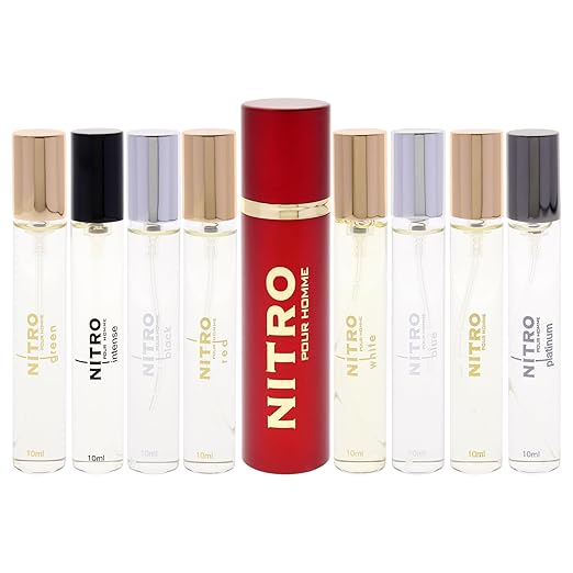 Nitro Collection by Dumont for Men ? 9pc Mini Gift Set: 8 x 0.34oz EDP Vials (Black Green Intense Platinum Red White Blue Nitro Pour Homme) + Travel Spray Case