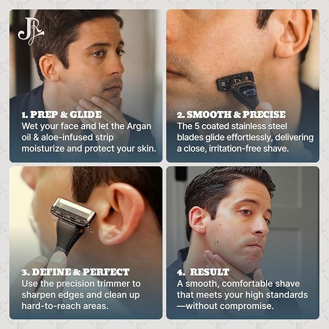 Jeremy's Razors for Men - Precision 5 Razor Blade Refills - 8 Cartridges (Fits All 2nd Gen Jeremy's Handles) - Precision Trimmer Stainless Steel Design Lubricating Strip - Men's Shaving Blades