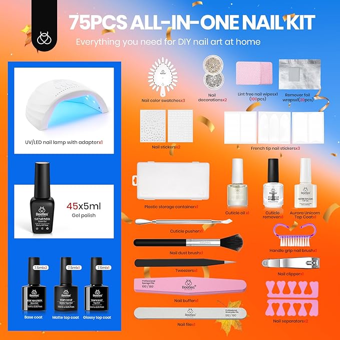 Beetles Gel Nail Polish Kit with U V Light - 75PCS Chic Outfits 45 Colors Gel Polish Set All Season Nail Kit with 5PCS Base Top Coat Soak Off Nails Art Tools Perfect Manicure Set Gifts for Women