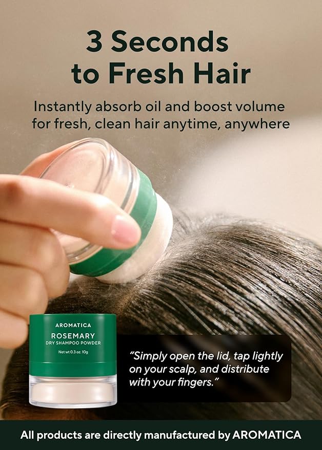 AROMATICA Rosemary Dry Shampoo Powder - Travel Size Dry Shampoo with Panthenol and Biotin for Hair | Volumizing Non Aerosol &amp Talc Free Korean hair care dry shampoo for women (10g/0.3oz)
