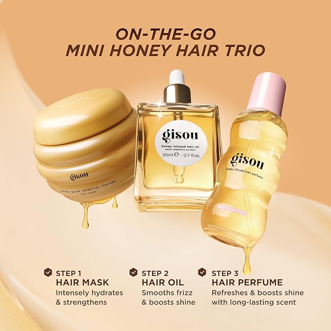 Gisou On-The-Go Honey Hair Travel Set For Instant Hydration Strength Shine &amp Frizz Control | Includes 3 Mini Hair Products