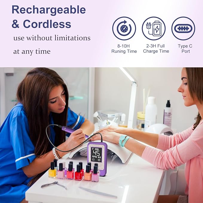 Professional Nail Drill Cordless 45000 RPM Meremit Electric Nail File with Diamond Decoration 12Pcs Drill Bits Large LCD Screen Rechargeable Electric Nail Machine Drill for Acrylic Gel Nail Polish