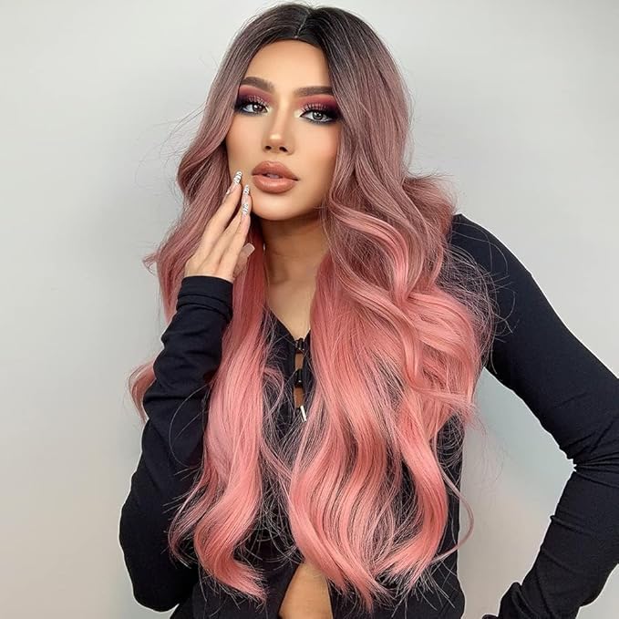 Black to Pink Wavy Wigs Human Hair Mixed Synthetic Long Curly Breathable Lightweight Middle Part No Lace for Daily Cosplay Party