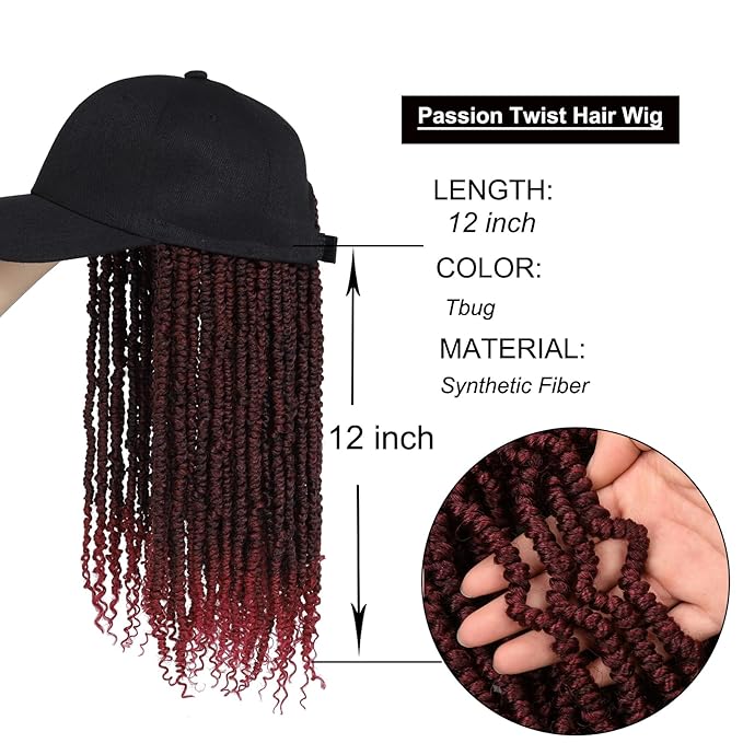 Hat Wig Baseball Cap with Short Pre-Twisted Passion Twist Hair Extensions Synthetic ombre Black Burgundy Small Curly Ends Bomb Twists Adjustable Black Hat Wig for Black Women (12inch TBUG)