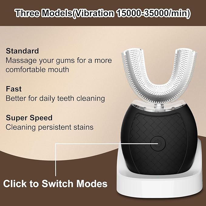 Ultrasonic U-Shaped Toothbrush for Teeth Whitening Electric Toothbrush for Adults 360-degree Cleaning3 Brush Heads Wireless Charging and IPX7 Waterproof Kit for Travel or Home(Black)