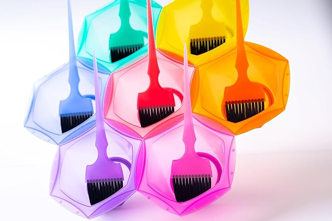 Professional Salon Hair Dye &amp Coloring Brush and Tint Bowl Set 7 Rainbow Application Brushes and Mixing Bowls (Pastel Rainbowl)
