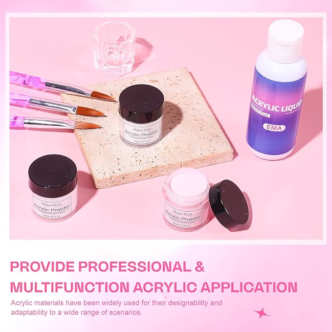 Major Dijit Acrylic Nail Kit with Drill - Starter Set with White Pink Clear Acrylic Powder 6 Gel Polishes UV LED Lamp Nail Decorations and Tools for Home Manicure