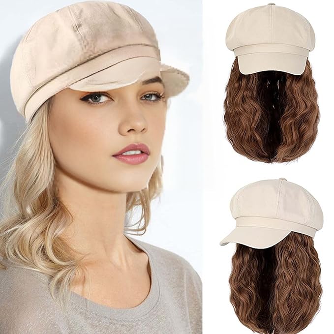 YEKEYI Beret Hat with Hair Newsboy Cap with Bob Hair Extensions Hat Wig Visor Beret Short Curly Wavy Hairpiece for Women