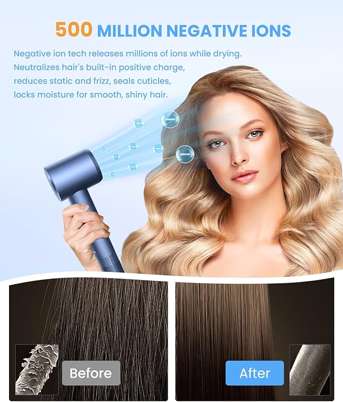 Hair Dryer Ionic Blow Dryer Professional High-Speed Hairdryer with 150000 RPM Motor for Fast Drying 5 Temps/3 Speeds Lightweight Hairdryer with Magnetic Nozzle for Home Travel Women Man