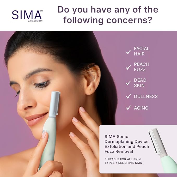 SPA SCIENCES - SIMA Patented Dermaplane Razor for Women Face ? Painless 2-in-1 Facial Exfoliation &amp Peach Fuzz Hair Removal ? Anti-Aging ? 3 Speeds ? Rechargeable ? 7 Weeks Treatment
