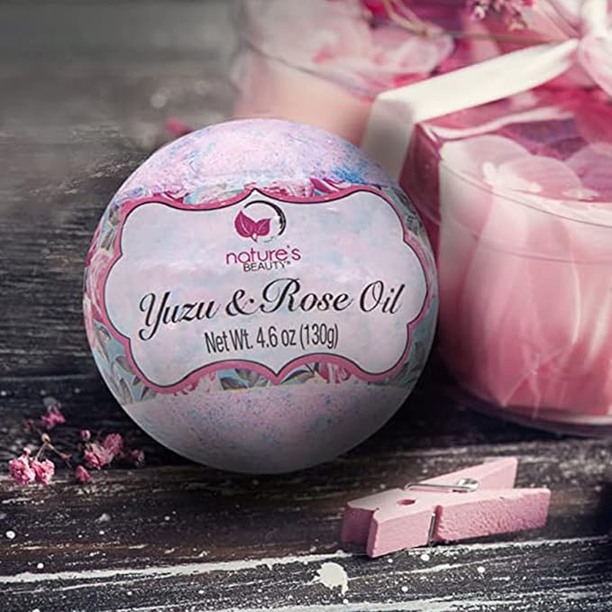 Nature's Beauty Yuzu &amp Rose Oil Bath Bomb Multi-Pack - Natural Hand Crafted Non-Staining Luxury Fizzy Spa Bomb Nourish Dull + Dry Skin Made w/Coconut Oil + Witch Hazel 4.6 oz (4 Pack)